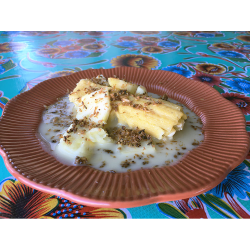 Pineapple Ricotta Tamale with Coconut Crema, fresh pineapple and roasted coconut!